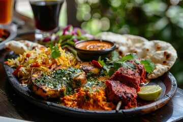 Fototapeta premium A plate with food placed on a wooden table, The artistry of plating and presentation in Indian food