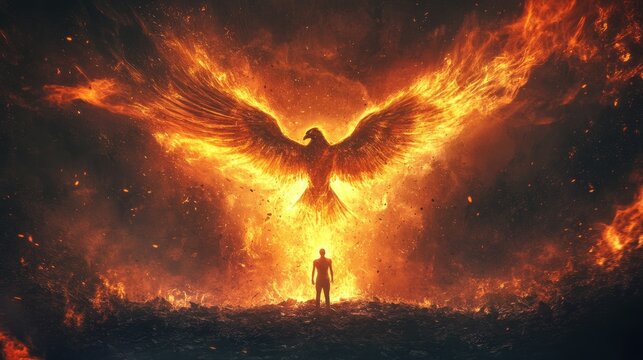 A phoenix rising from ashes with a person standing below, symbolizing personal transformation through mindset.