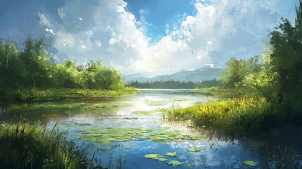 Fototapeta premium A picturesque painting depicting a tranquil wetlands landscape with a serene lake, lush greenery, and a blue sky dotted with fluffy clouds. The scene evokes feelings of peace, tranquility, and connect