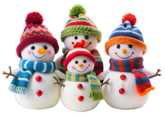 Four white snowmen with red button eyes and noses wear colorful knit hats and scarves. They are all smiling and looking at the camera