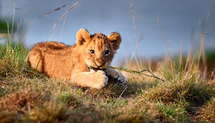 A lion cub playfully biting a twig while lying in the soft grass