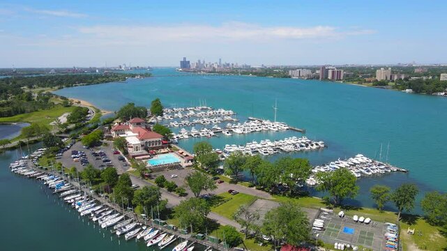 Detroit Yacht Club on Belle Isle in the middle of the Detroit River, with the downtown skyline in the background