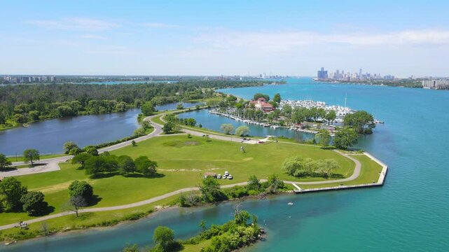 Detroit Yacht Club on Belle Isle and Skyline in background, aerial view