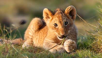 A lion cub playfully biting a twig while lying in the soft grass
