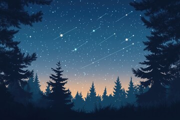 Naklejka premium A meteor shower over a forest with a minimalistic design, featuring silhouetted trees and glowing meteors streaking across the night sky