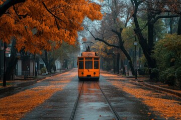 Obraz premium A yellow tram on a street covered in autumn leaves and rain