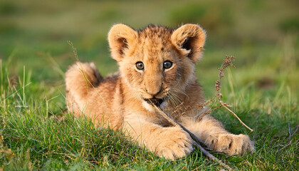 A lion cub playfully biting a twig while lying in the soft grass