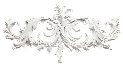 3D illustration of white decorative relief beautiful detailed ornament with acanthus leaves decoration in baroque style isolated on transparent background