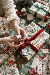 Festive Christmas Gift Wrapping with Holiday Decorations for Holiday Greeting Cards and Posters