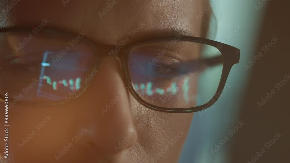 Poster trader wearing glasses is working on laptop computer. screen with stock market charts and bitcoin bt