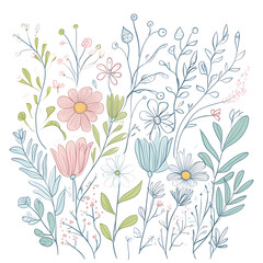 floral and leaf on white background in doodle-style tile designs with graphic format.