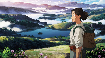 a man stands in a field with mountains in the background, ai generated