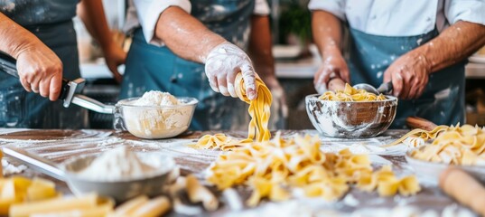 Middle-Aged Friends Enjoy a Cooking Class, Learning to Make Homemade Pasta with a Chef's Guidance