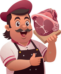 Cartoon butcher wearing apron and hat holding a big piece of red meat