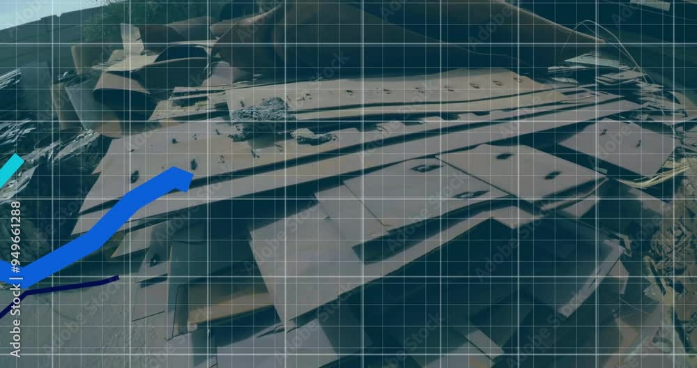 Aufkleber grid and arrow animation over aerial view of modern architectural building