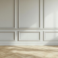 Fototapeta premium Elegant empty room, sunlit interior, wooden floor, classic wall molding, minimalist style, bright space, shadow play, refined elegance concept.