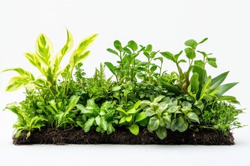 Fototapeta premium A vibrant arrangement of various green plants in soil, showcasing diversity in foliage.
