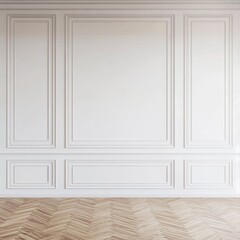 Elegant empty room with classic white wall paneling, sophisticated molding, wooden parquet floor, minimalistic interior concept