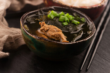 Close-up of Korean Seaweed Soup Miyeok Guk in a serving bowl