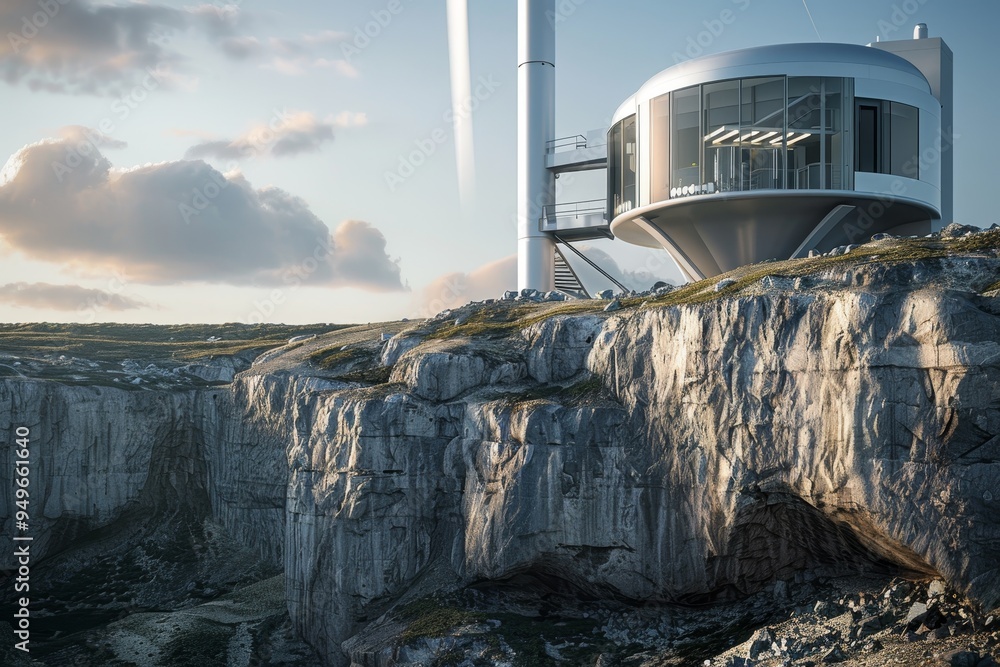 Poster modern architecture on edge of cliff overlooking ocean, the base of the turbine is anchored deep int