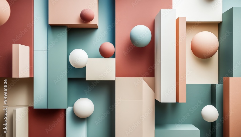 Poster abstract geometric composition with spheres and blocks.