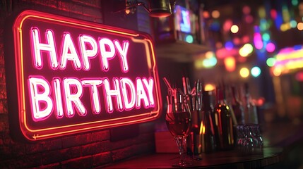 Retro-style neon "HAPPY BIRTHDAY" sign illuminating an old bar scene, colorful lights, and a blurred background.