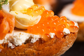 Salmon trout ed caviar sandwich close-up