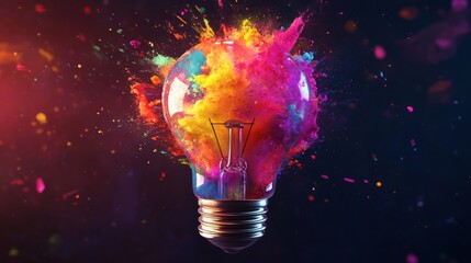 Creative light bulb explodes with colorful paint and colors. New idea, brainstorming concept