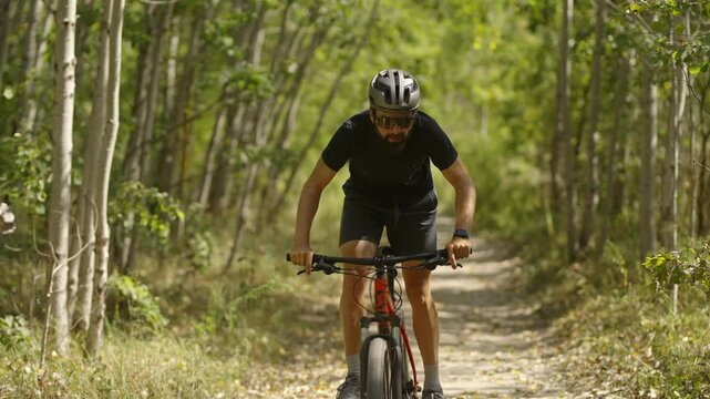 Man enjoying  scenic mountain biking adventure in forest