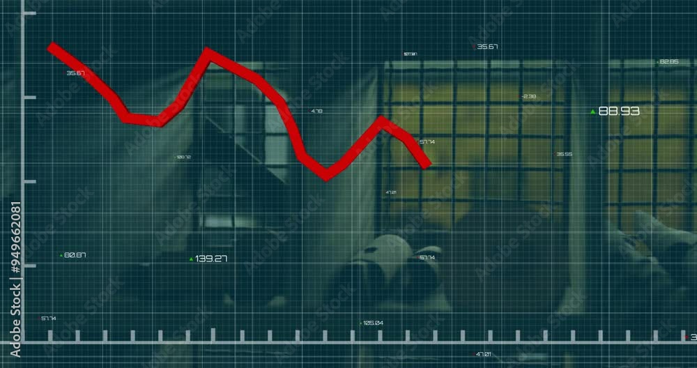 Poster red declining graph animation over industrial factory background