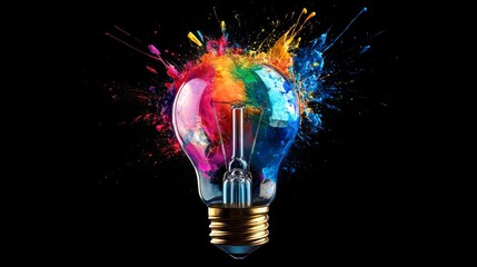 Creative light bulb explodes with colorful paint and colors. New idea, brainstorming concept