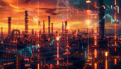 Industrial Complex at Sunset with Overlaid Stock Market Data
