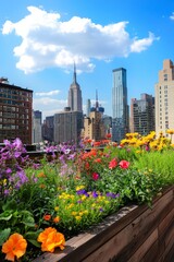 Fototapeta premium Rooftop garden featuring an array of colorful flowers and herbs. Cityscape visible from the garden, Generative AI