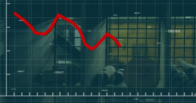 Red declining graph animation over industrial factory background