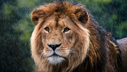 A male lion standing in the rain, droplets glistening on its mane