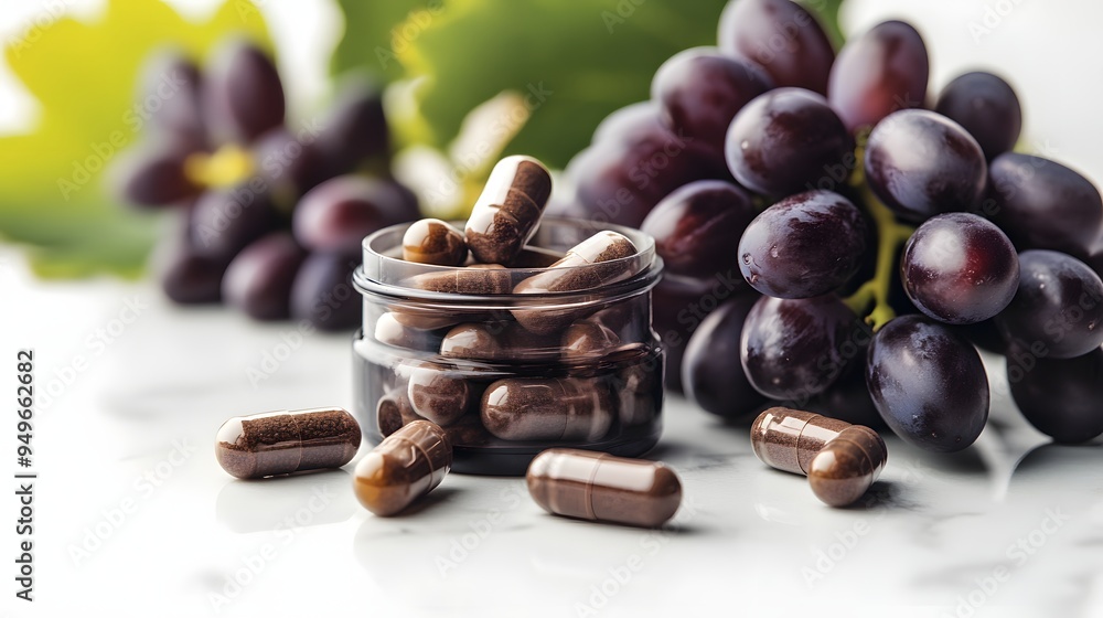 Poster 44. a container of grape seed extract capsules with a few capsules displayed