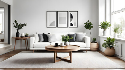 Naklejka premium Round wood coffee table against white sofa. Scandinavian home interior design of modern living room. ai