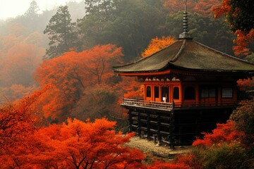 Naklejka premium A Traditional Japanese Pagoda Nestled in a Hillside Forest of Red Autumn Leaves