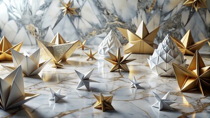 Elegant marble surface showcases intricate origami art surrounding whispered productivity secrets monochromatic luxurious wisdom