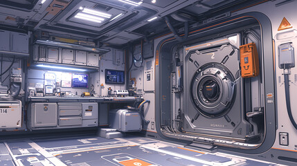 A detailed illustration of a futuristic spaceship metal door with high-tech design elements, such as illuminated panels and a secure locking mechanism.