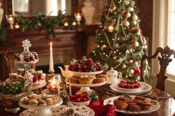 Festive Christmas Breakfast with Pastries, Fresh Fruit, and Holiday Decorations in a Cozy Room