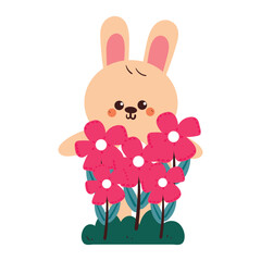 hand drawing cartoon bunny and flower. animal drawing with spring vibes