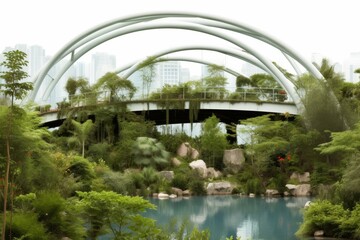 Naklejka premium Modern Arched Bridge Over Lush Urban Park
