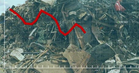 Red line graph animation over pile of scrap metal and debris - Powered by Adobe