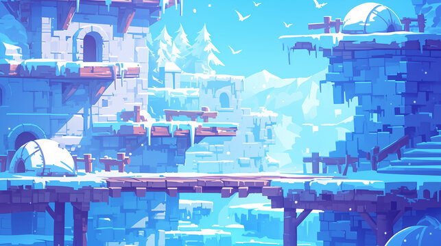 A 2D platformer game background set in an Arctic landscape with igloos, icebergs, and snowy platforms. The design features icy cliffs and snow-covered terrain, using cool blues, whites, and grays for 