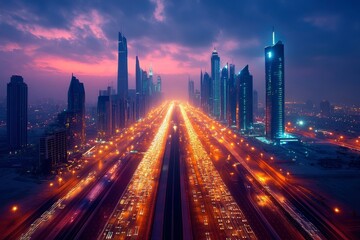 Fototapeta premium Aerial View of City Skyline at Dusk with Traffic Flowing Through a Highway