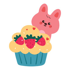 hand drawing cartoon bunny with cupcake. cute food and animal drawing, doodle