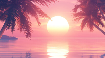 A beautiful tropical sunset with pink and orange hues reflecting on clear waters. Palm trees gently sway against the vibrant sky as the sun sets, creating a peaceful, golden-lit scene.