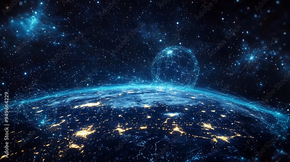 Poster a global network connection with earth and stars, illustrating the vast web of communication that li