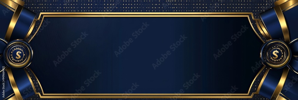Poster A sophisticated and elegant certificate of achievement template featuring a blue and gold color scheme, adorned with a ribbon bow and a gold seal with the letter S. It is perfect for recognizing accom